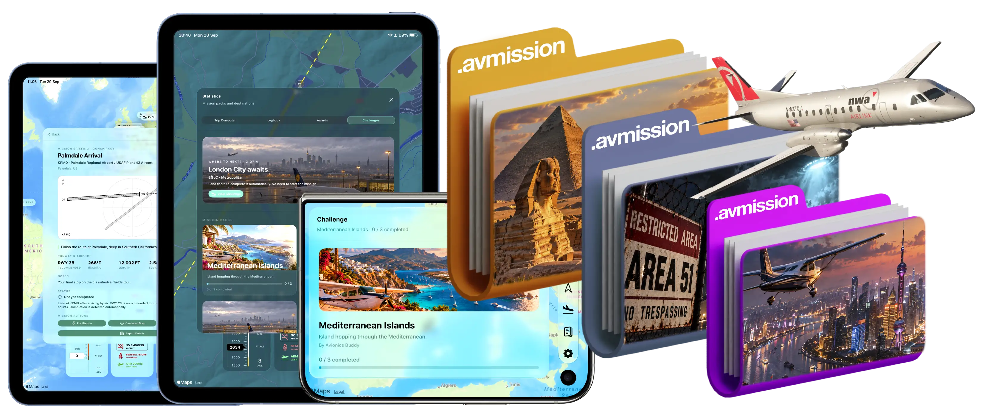 Avionics Buddy Missions challenge library and completed mission interface shown on iPad